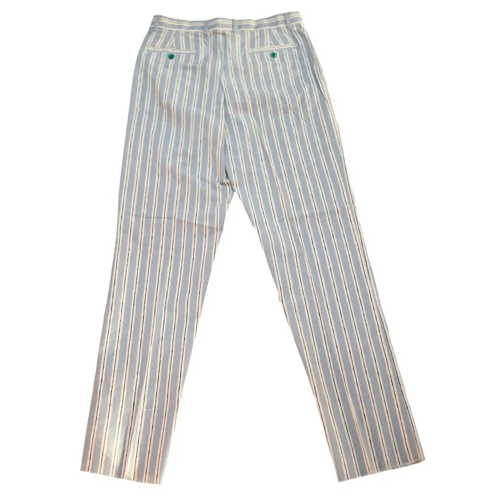 Mens 32 Light Blue Cream Stripe Cotton Pants Straight Fit Flat Front Trousers